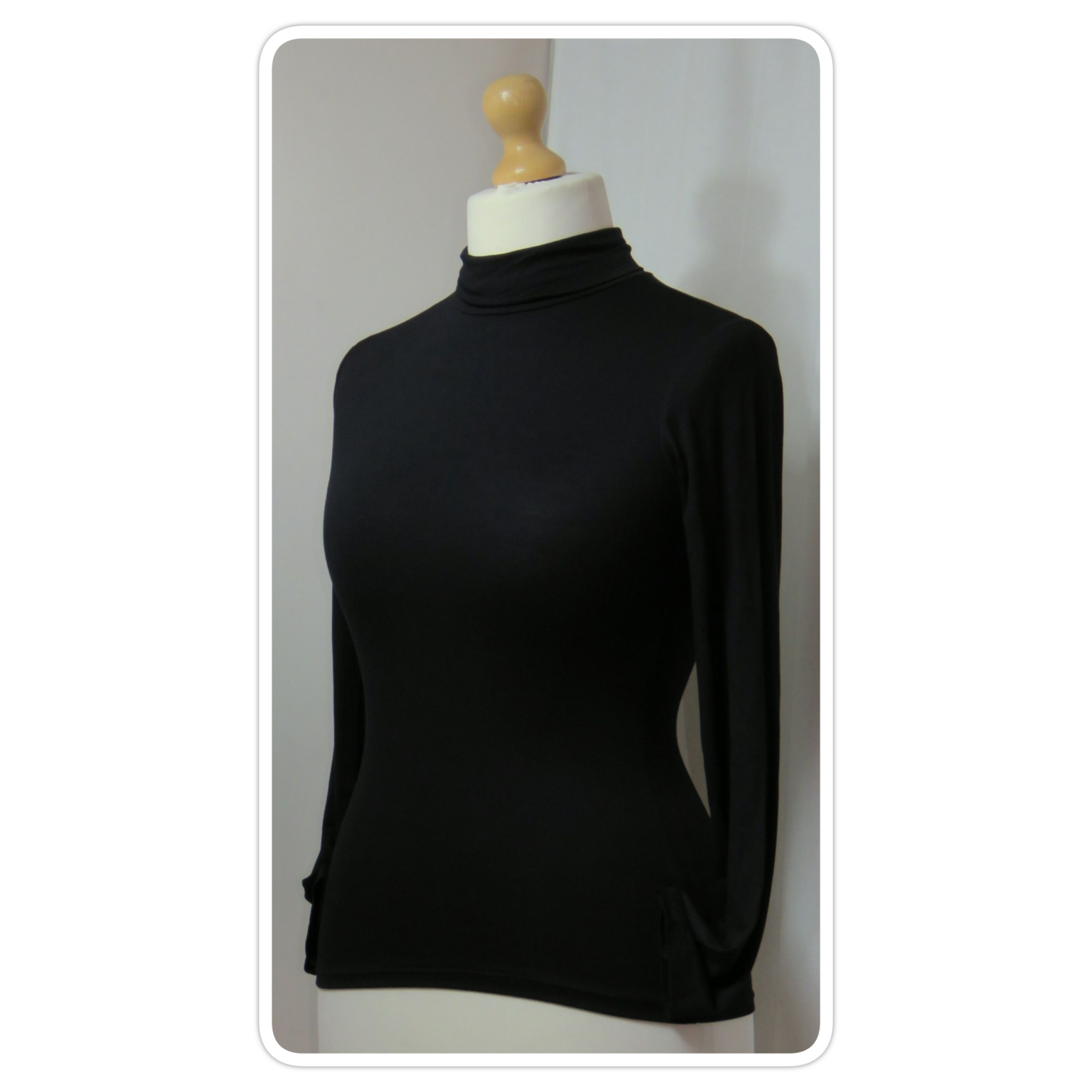 Black, polo-neck, long-sleeve, jersey top