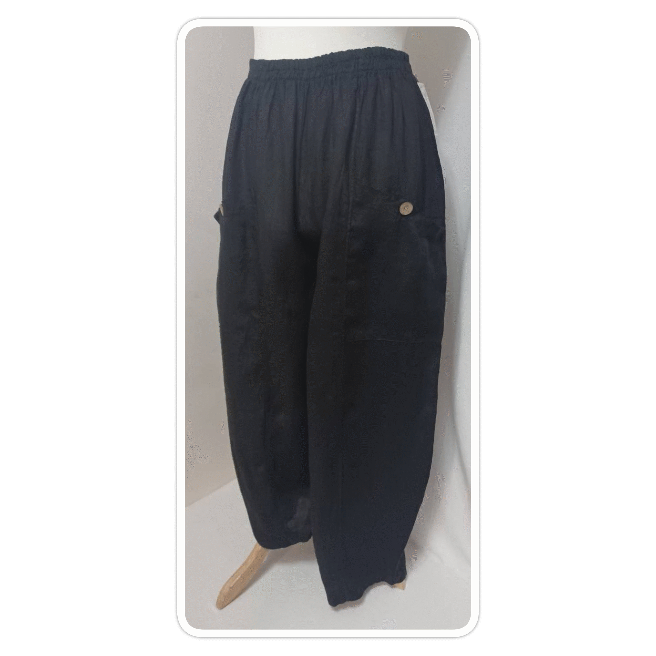 Black, button-pocket, linen, harem pants