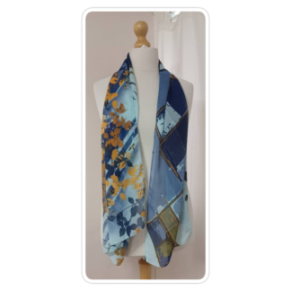 Blue & Mustard, leaf-print, chiffon scarf