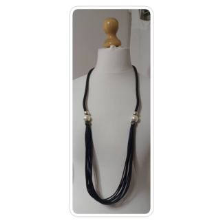 Long, black, multi-strand, rubber necklace, with faux-pearl beads