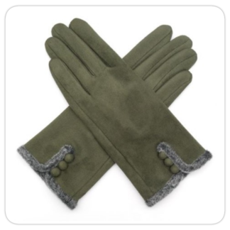 Khaki green, faux-suede gloves, with grey faux-fur trim