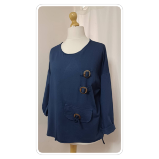 Lagenlook, navy blue, boxy, button detail, sweatshirt top