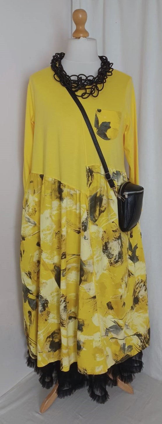 Yellow, patterned-skirt dress - 1