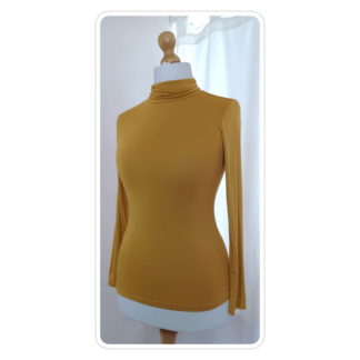 Mustard, polo-neck, long-sleeve, jersey top