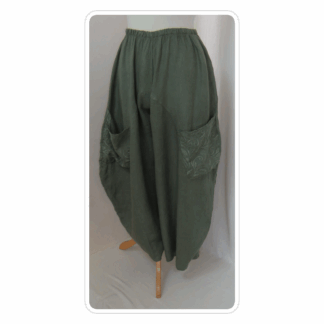 Khaki green, embroidered pocket, linen, harem pants