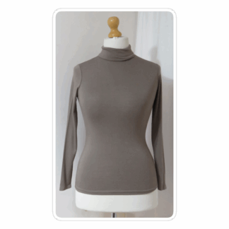 Taupe, polo-neck, long-sleeve, jersey top
