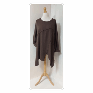 Brown, cotton jersey, asymmetrical hem, tunic top