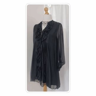 Black, silk, ruffle-front, tunic blouse
