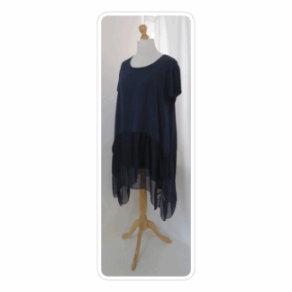 Navy blue, asymmetrical, silk-hem, tunic top