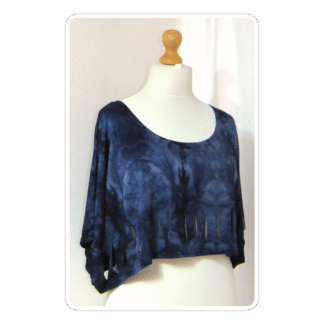 Navy blue, tie-dye, slashed, cropped overtop by Cover Up
