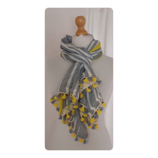 Black, white & lemon yellow, striped scarf, with tassel edge