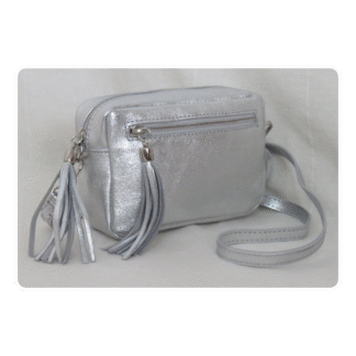 Genuine Italian leather, silver, crossbody/shoulder bag, with tassels